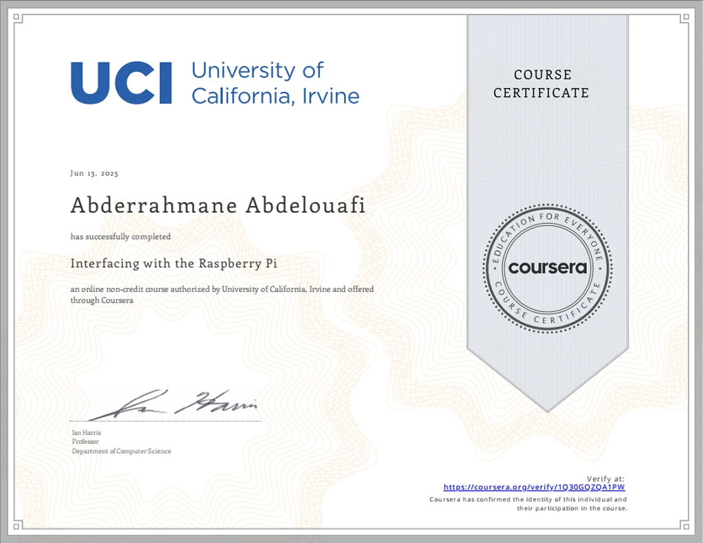 UCI “Interfacing with Raspberry Pi” Certificate
